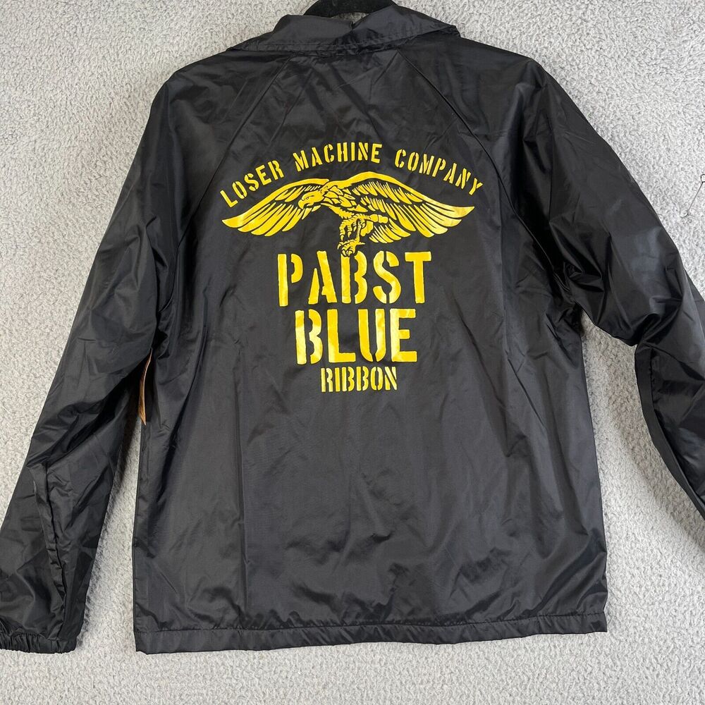 PABST Blue Ribbon Beer Jackert Mens S Black Windbreaker Lined Snap Lightweight